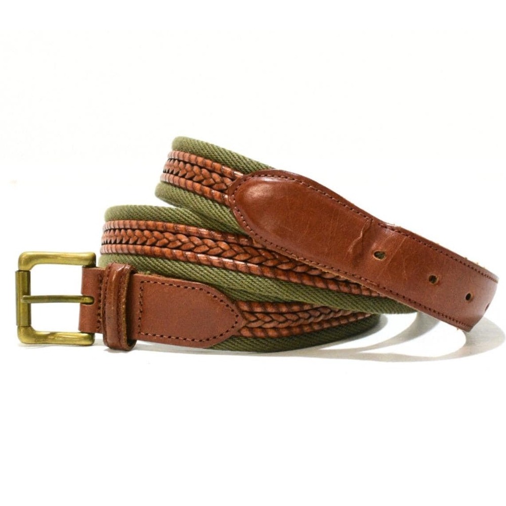 VTG LL Bean Braided Leather Canvas Field Belt Mens 42 Green Brass Buckle USA